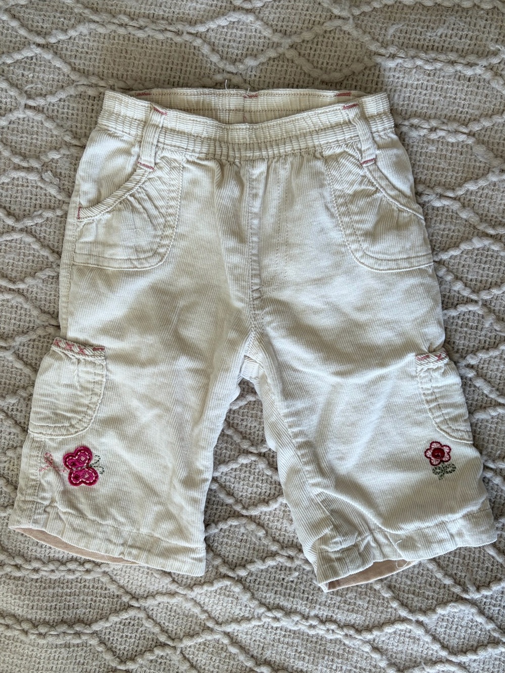 Girls Cream Cargo Capri Pants with Pink Flower Embroidery
